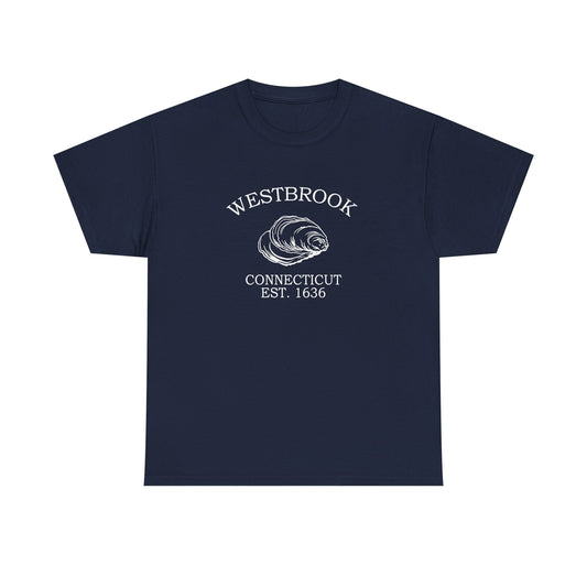 Westbrook Connecticut Vintage Style Unisex Heavy Cotton Tee - White Retro Oyster Logo, Navy