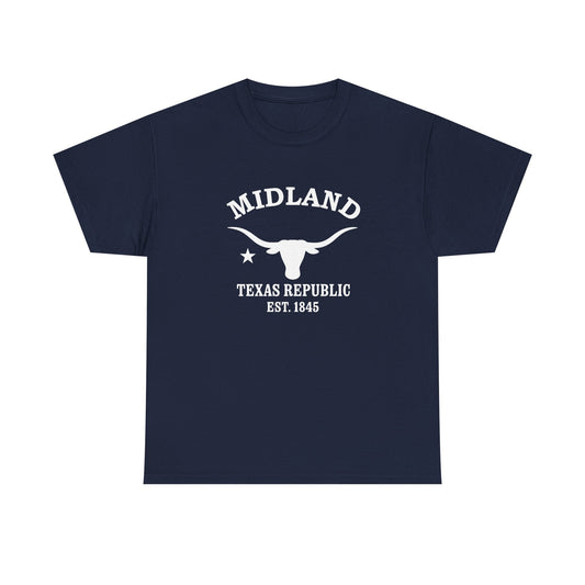 Midland Texas Vintage Style Unisex Heavy Cotton Tee - White Retro Longhorn Logo, Navy