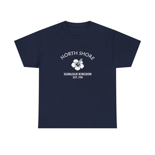 North Shore Hawaii Vintage Style Unisex Heavy Cotton Tee - White Retro Hibiscus Logo, Navy