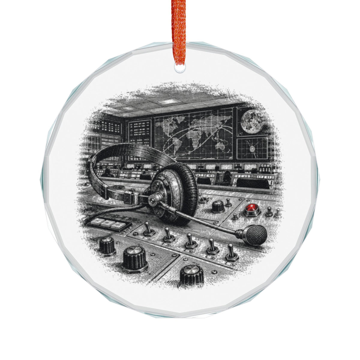 Houston Texas Holiday Ornament, Mission Control Headset, Crystal Glass Ornament Hanging on White