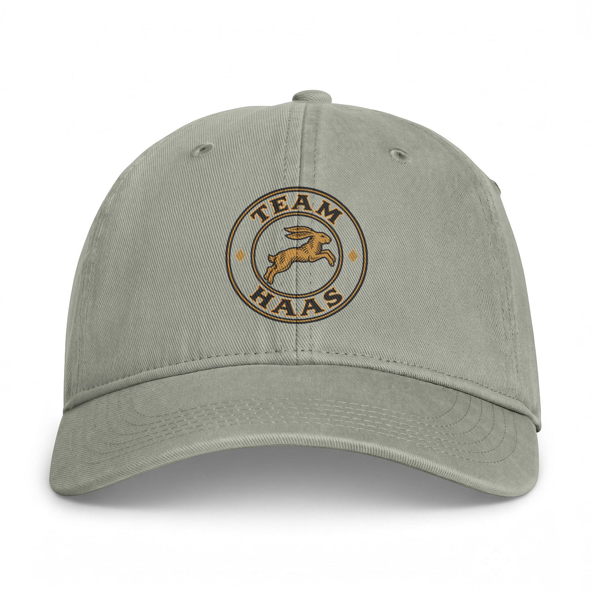 Sandstone Team Haas Hat, Leaping Hare Badge Printed on Washed Cotton Dad Cap