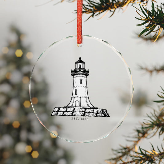 Old Saybrook, Connecticut Holiday Ornament — The Outer Light Where the River Ends — 3-inch faceted crystal glass ornament in white gift box