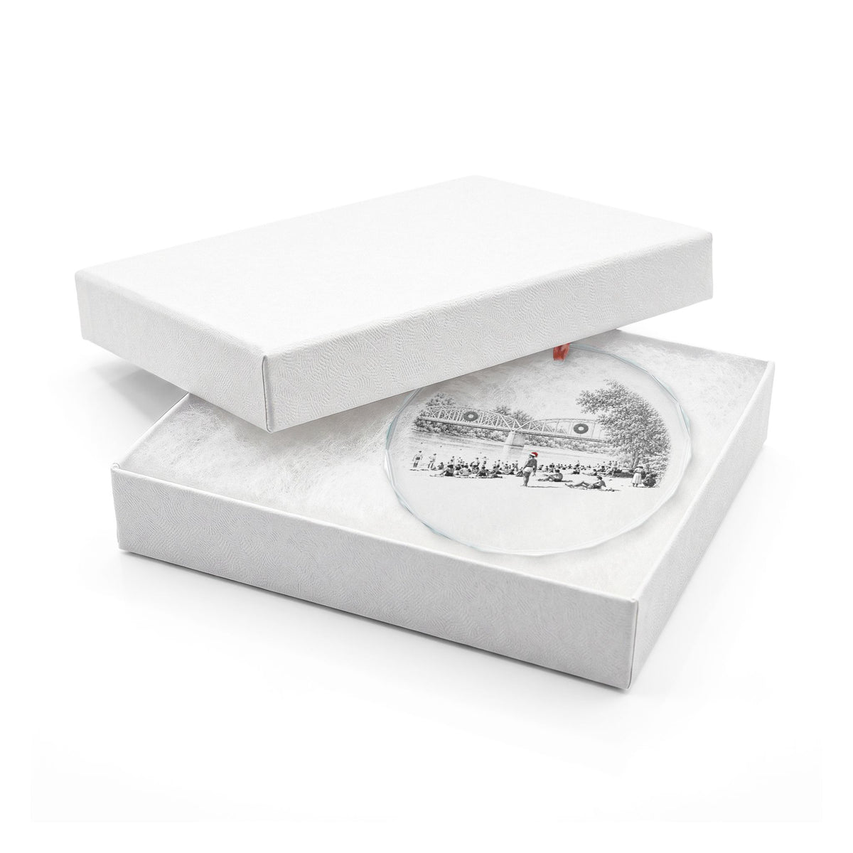 Healdsburg California Crystal Christmas Ornament in White Gift Box, Memorial Bridge and Memorial Beach