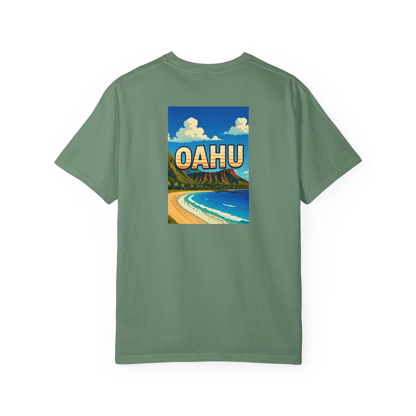 Oahu Hawaii Vintage Retro Back Printed Art Series Cotton Tee - Black Logo