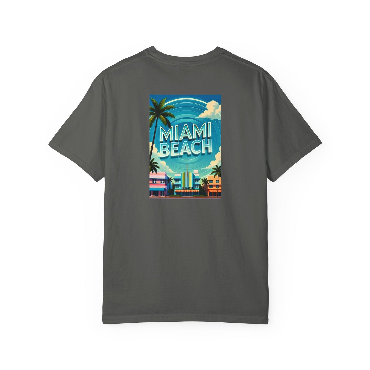 Miami Beach Florida Vintage Retro Back Printed Art Series Cotton Tee - Black Logo