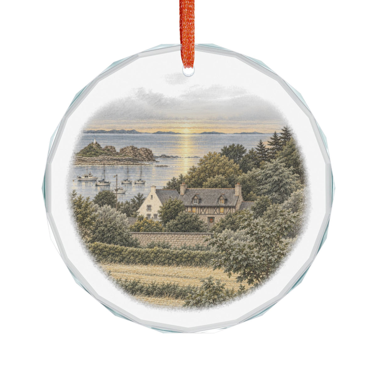 Bretagne Farmhouse Crystal Ornament Hanging, Hand-Tinted Engraving