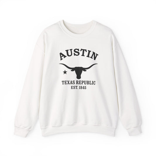 Austin Texas Vintage Retro Unisex Heavy Crewneck Sweatshirt - Black Logo