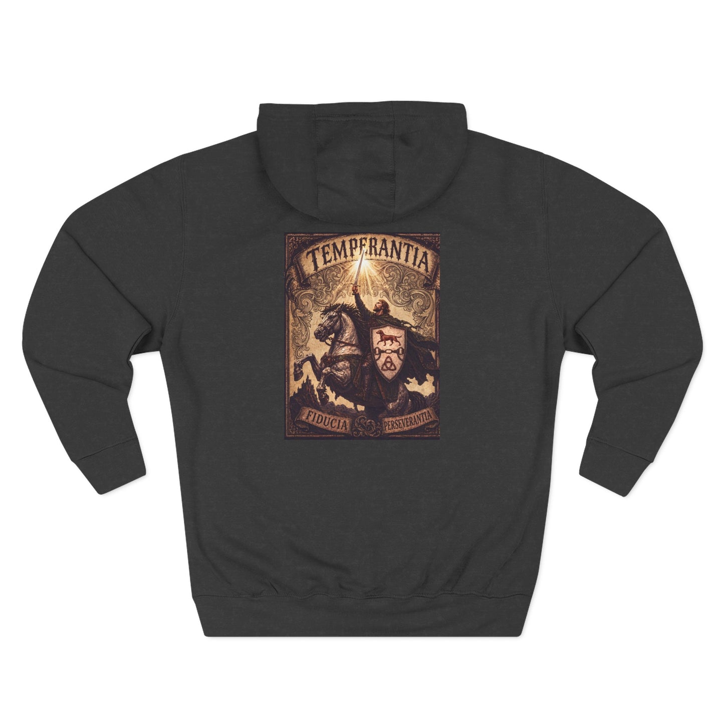 №108 Knight Crest Heavy Cotton Hoodie · Live Your Best Knight · Temperantia Fiducia Perseverantia