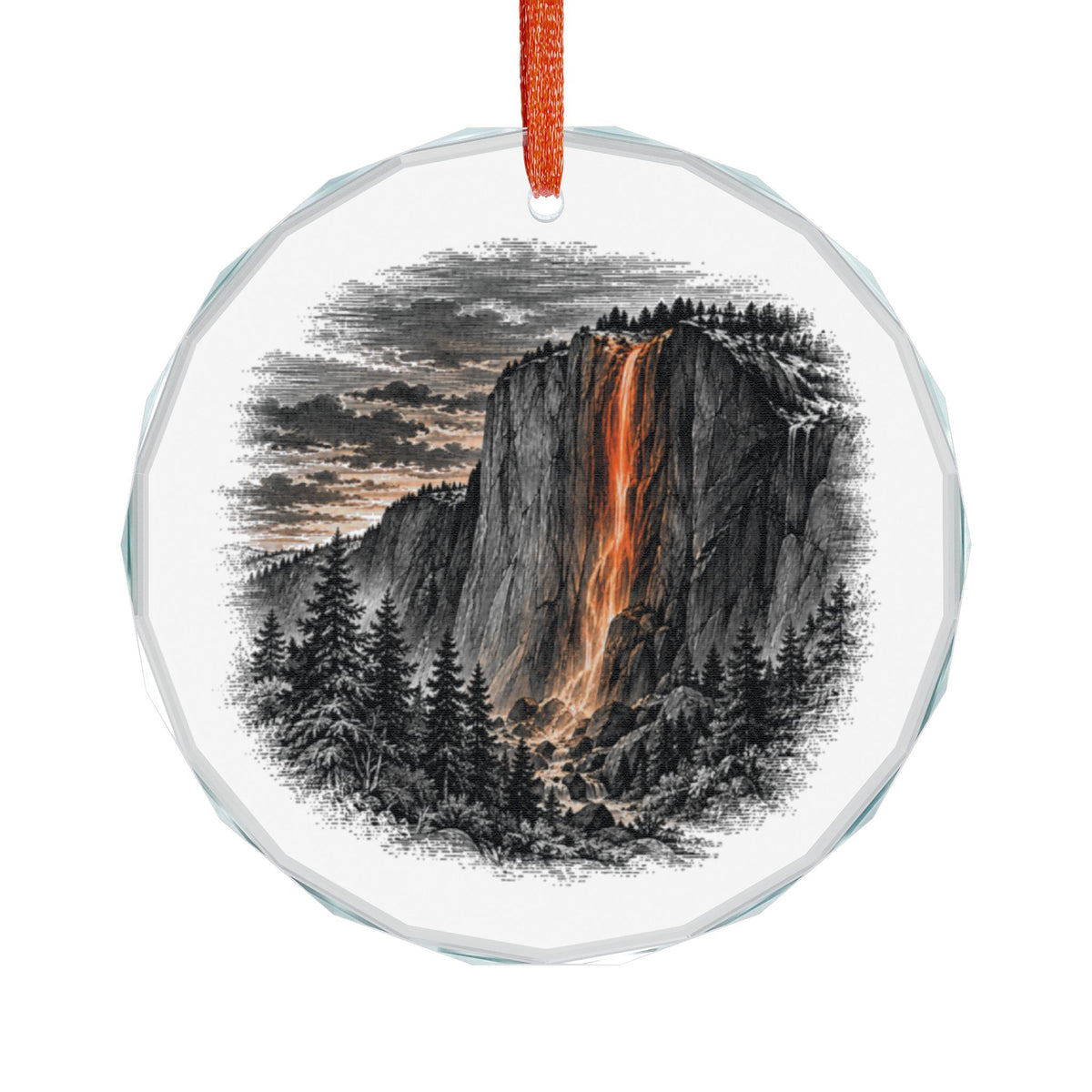 Yosemite California Holiday Ornament, Horsetail Firefall, Crystal Glass Ornament Hanging on White
