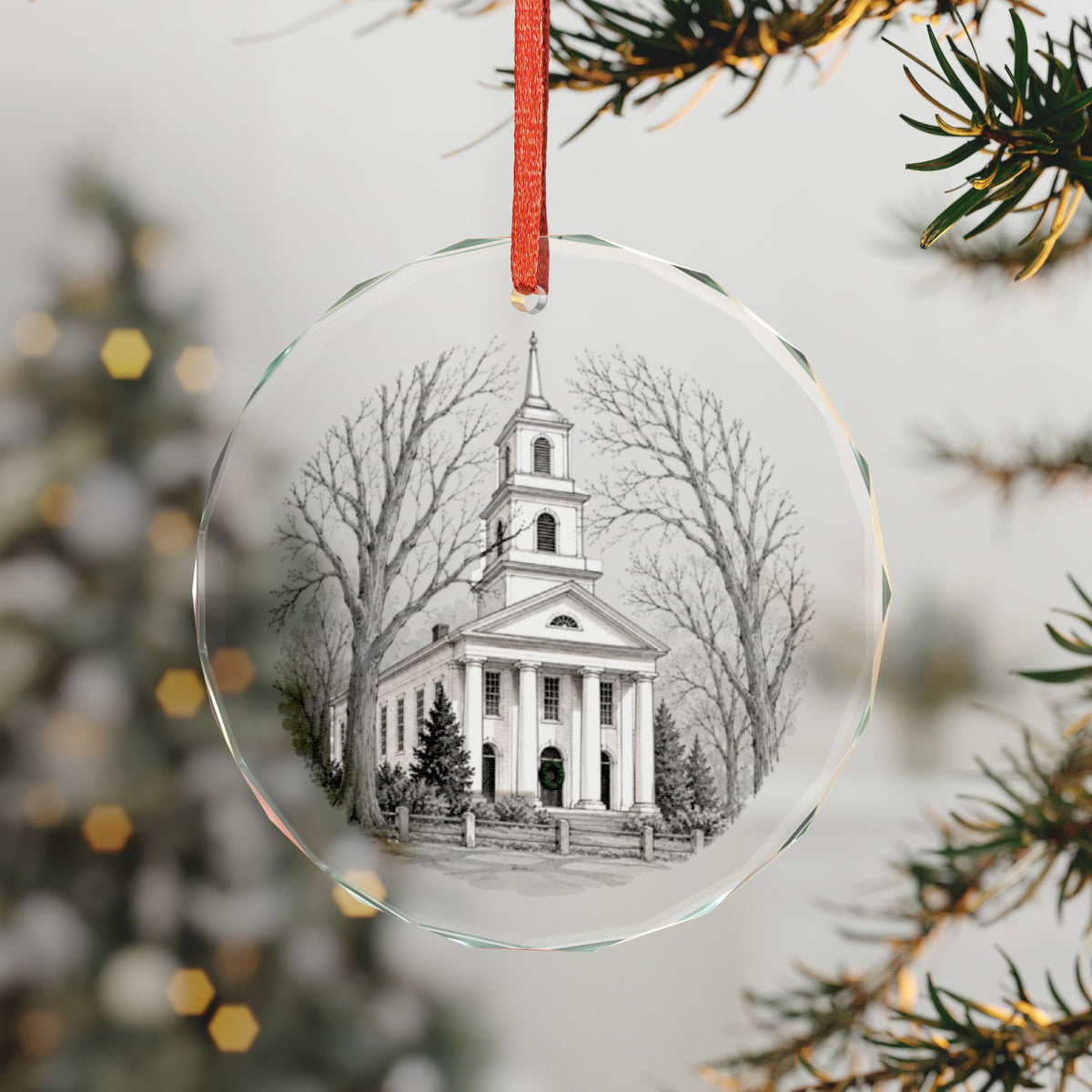 Old Lyme Connecticut Crystal Christmas Ornament on the Tree, First Congregational Church in Winter