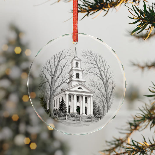 Old Lyme Connecticut Crystal Christmas Ornament on the Tree, First Congregational Church in Winter