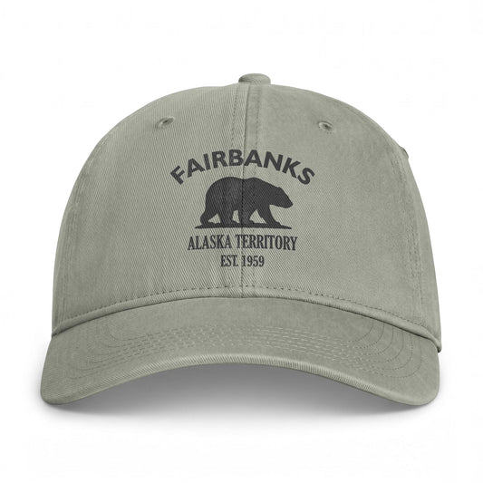 Fairbanks Alaska Retro Vintage Washed Cap in Sandstone, Charcoal Printed Town Logo