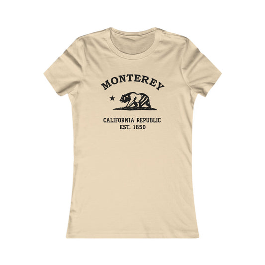 Monterey California Vintage Retro Womens Fitted Ringspun Cotton Tee, Soft Cream, Black Logo