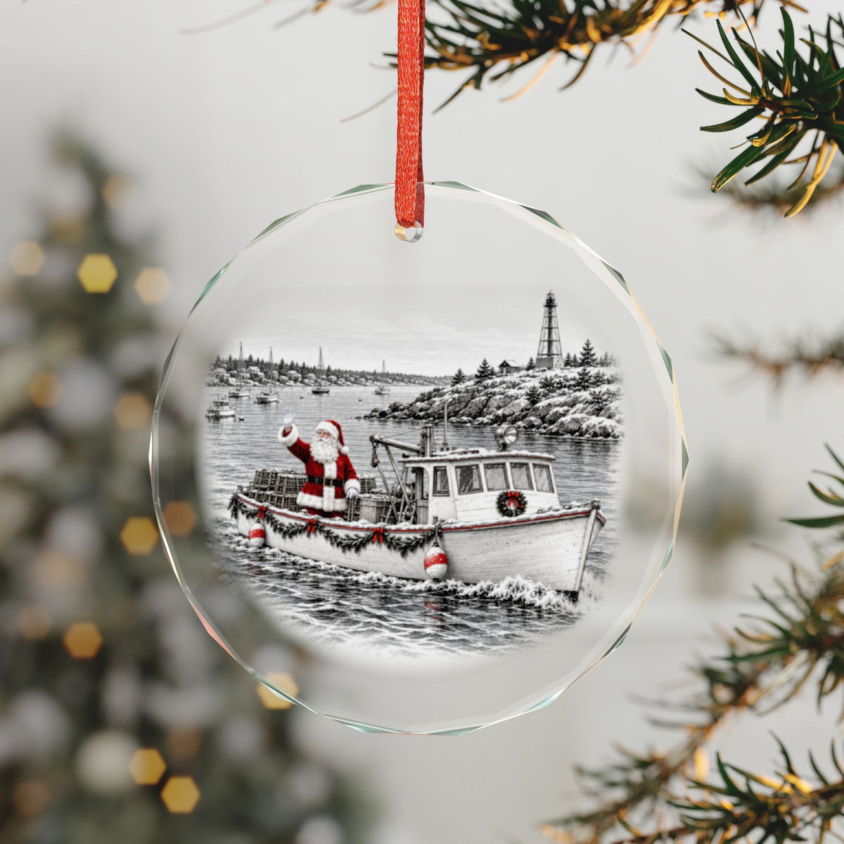 Marblehead Santa's Lobster Boat Crystal Holiday Ornament on the Tree, Santa Waving with Marblehead Light