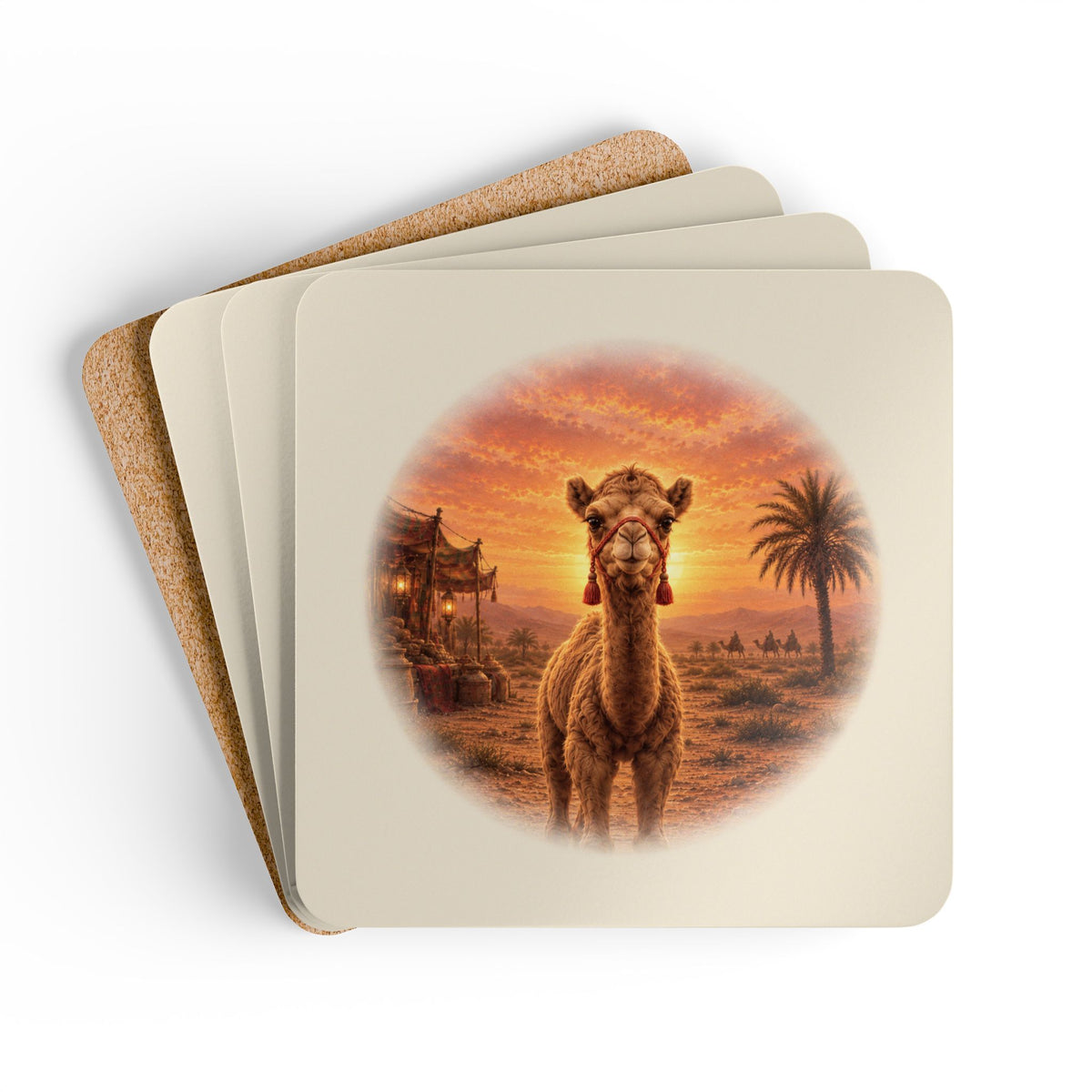 The Littlest Camel Coaster, Camel at Sunset in a Round Vignette on an Ivory Field