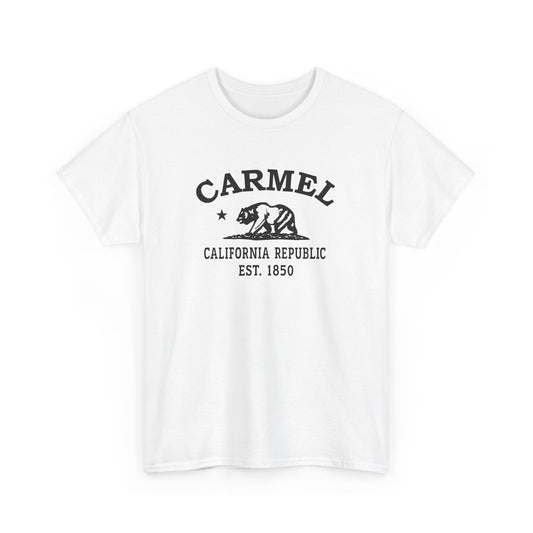 Carmel California retro tee — classic black Carmel, California bear-and-star logo on Gildan heavy cotton — Ash