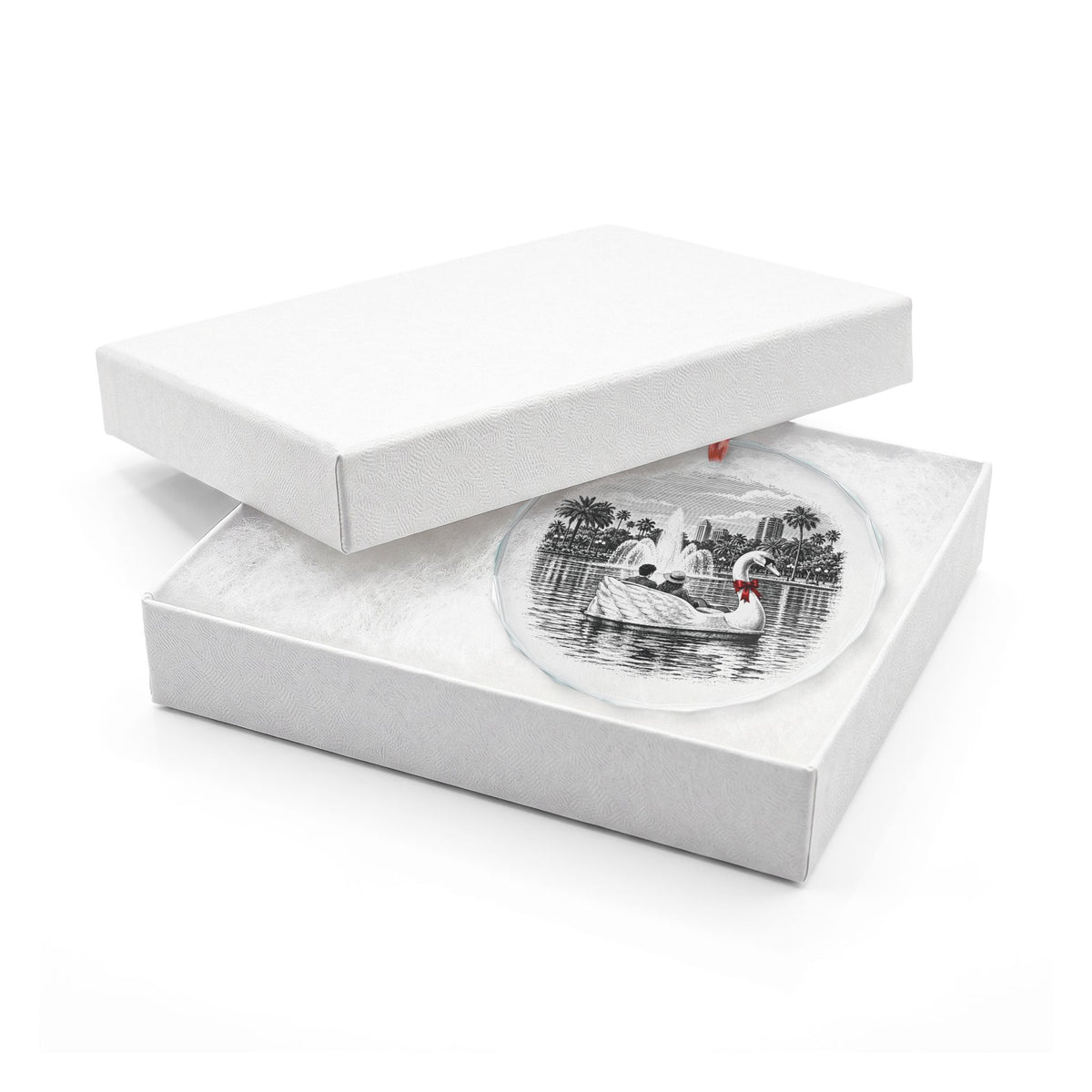 Orlando Florida Holiday Ornament, Lake Eola Swan Boat, Crystal Glass Ornament in White Gift Box