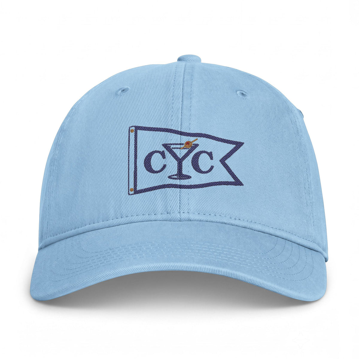 Hydrangea Compo Yacht Club embroidered cap — stitched martini burgee on washed cotton twill