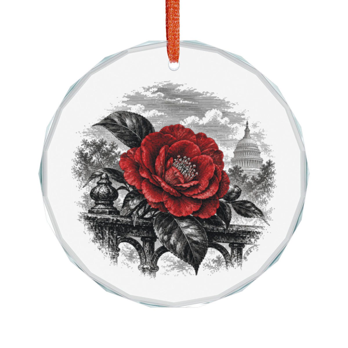 Sacramento California Holiday Ornament, Camellia, Crystal Glass Ornament Hanging on White