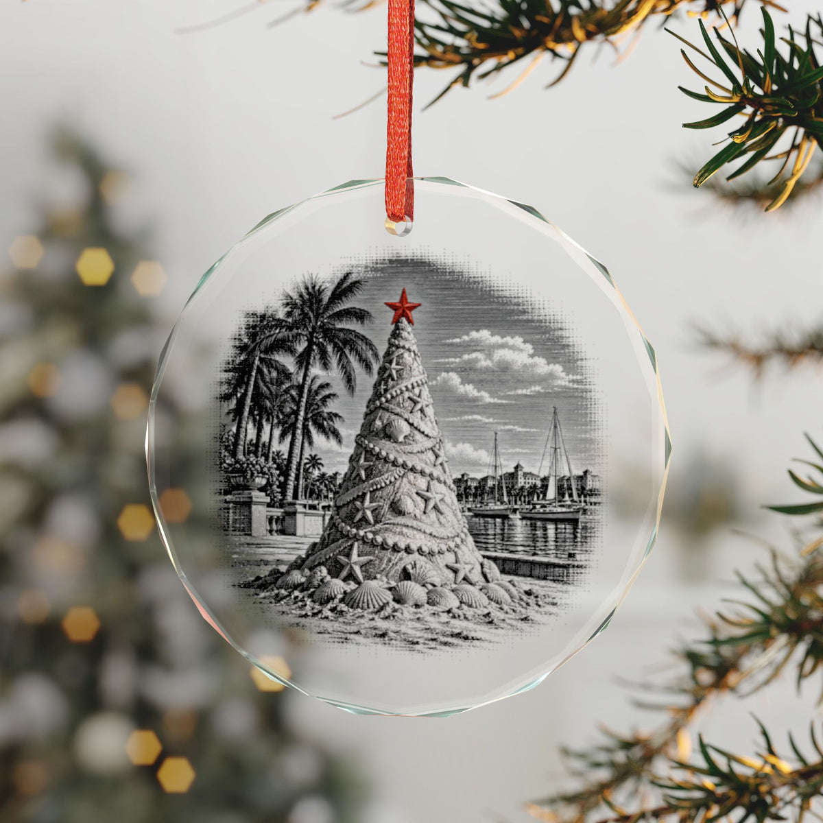 West Palm Beach Florida Holiday Ornament, Sand Christmas Tree, Crystal Glass Ornament Hanging on a Christmas Tree