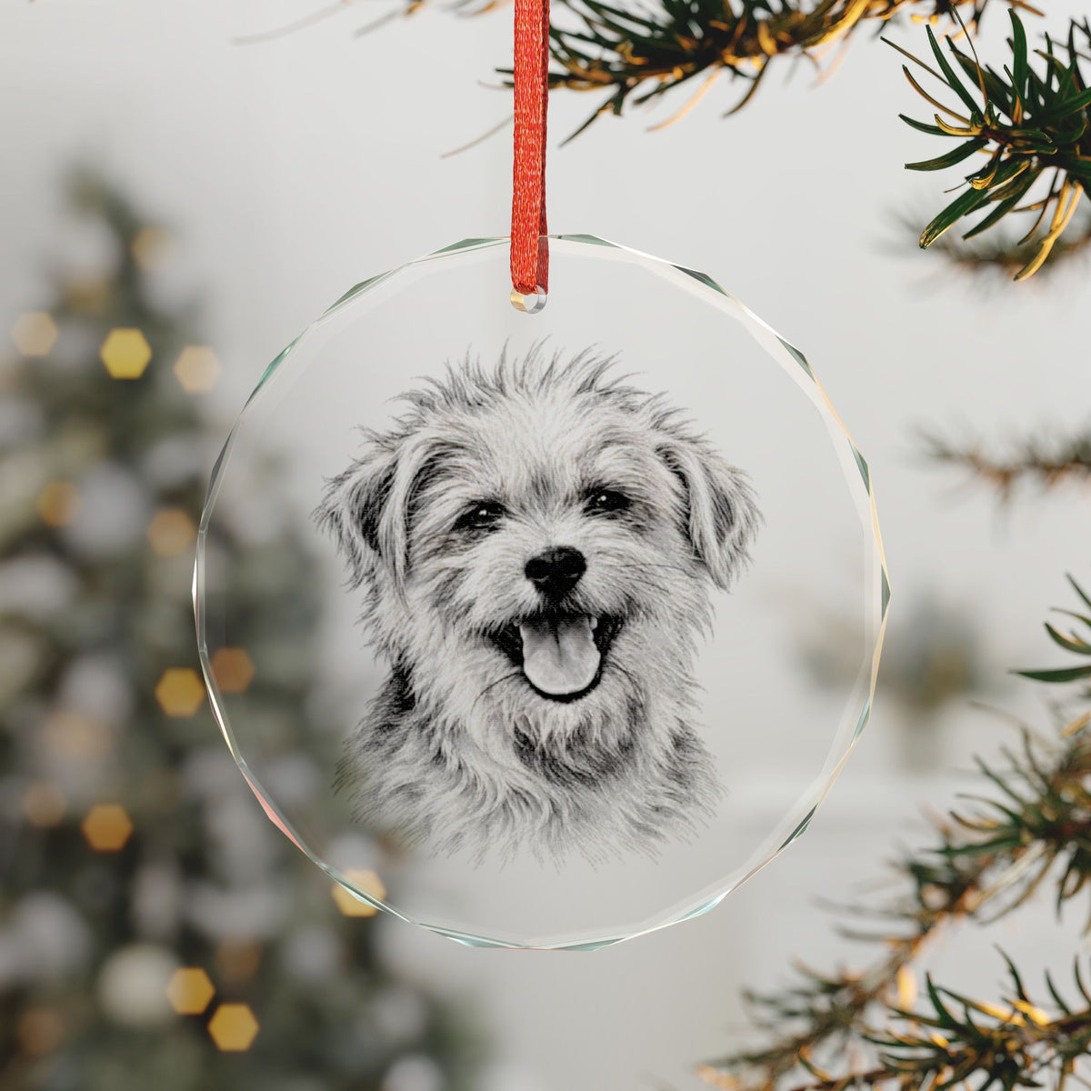 Endless Love and Happiness Crystal Dog Ornament on the Tree, Happy Scruffy Dog Engraving