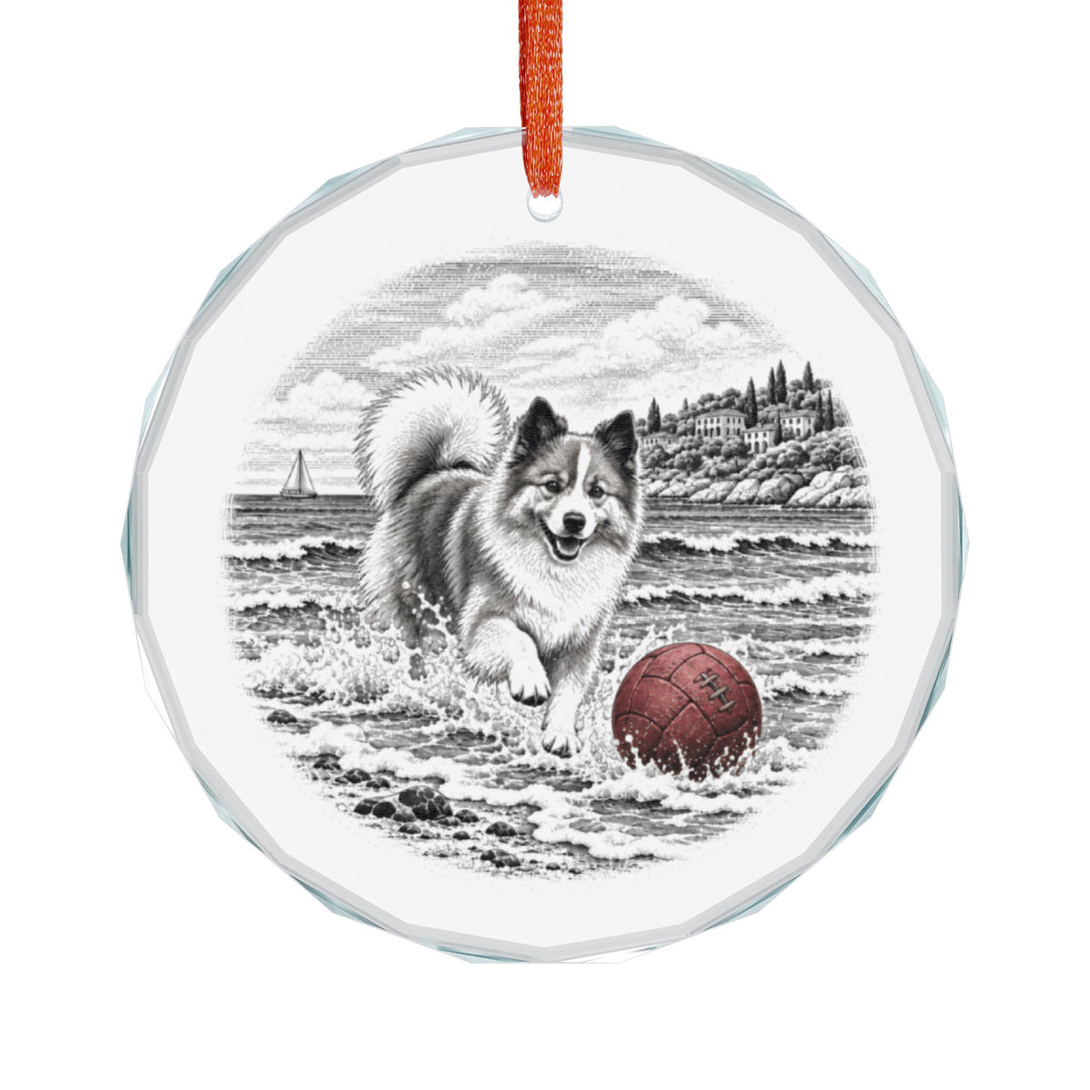 Icelandic Sheepdog Crystal Christmas Ornament, Front View on White, Pen and Ink Riviera Beach Scene With Vintage Laced Soccer Ball, Faceted Edge