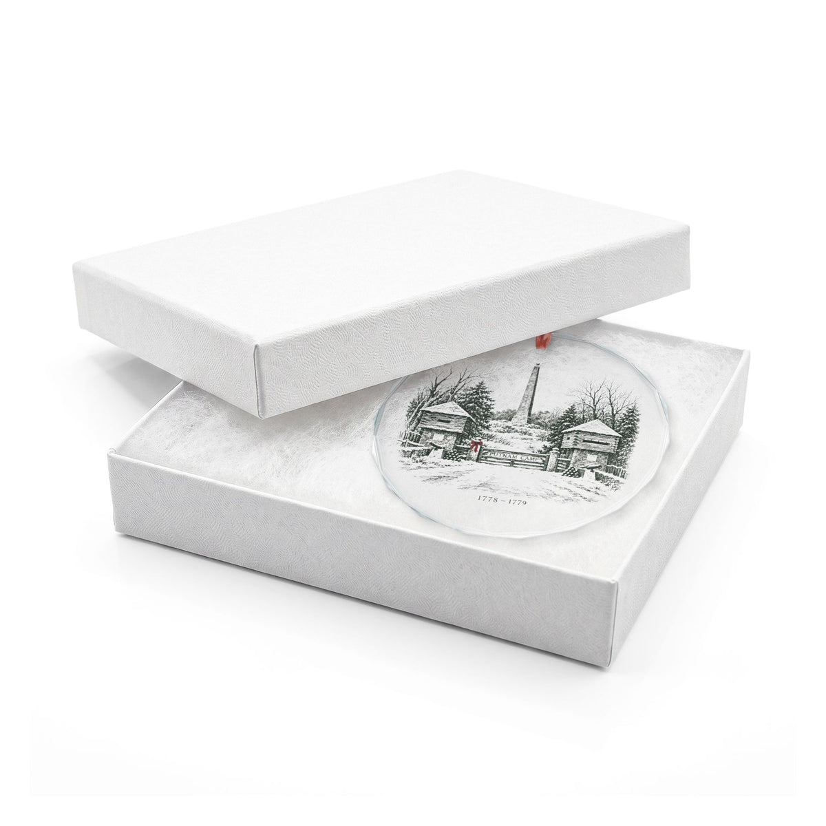 Engraved-Style Winter View of the Putnam Camp Gate, Twin Log Blockhouses, Cannons and the 1888 Monument on a Faceted Crystal Glass Ornament, In Its White Gift Box, Redding, Connecticut