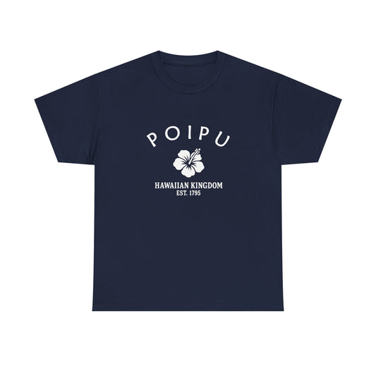 Poipu Hawaii Vintage Style Unisex Heavy Cotton Tee - White Retro Hibiscus Logo, Navy