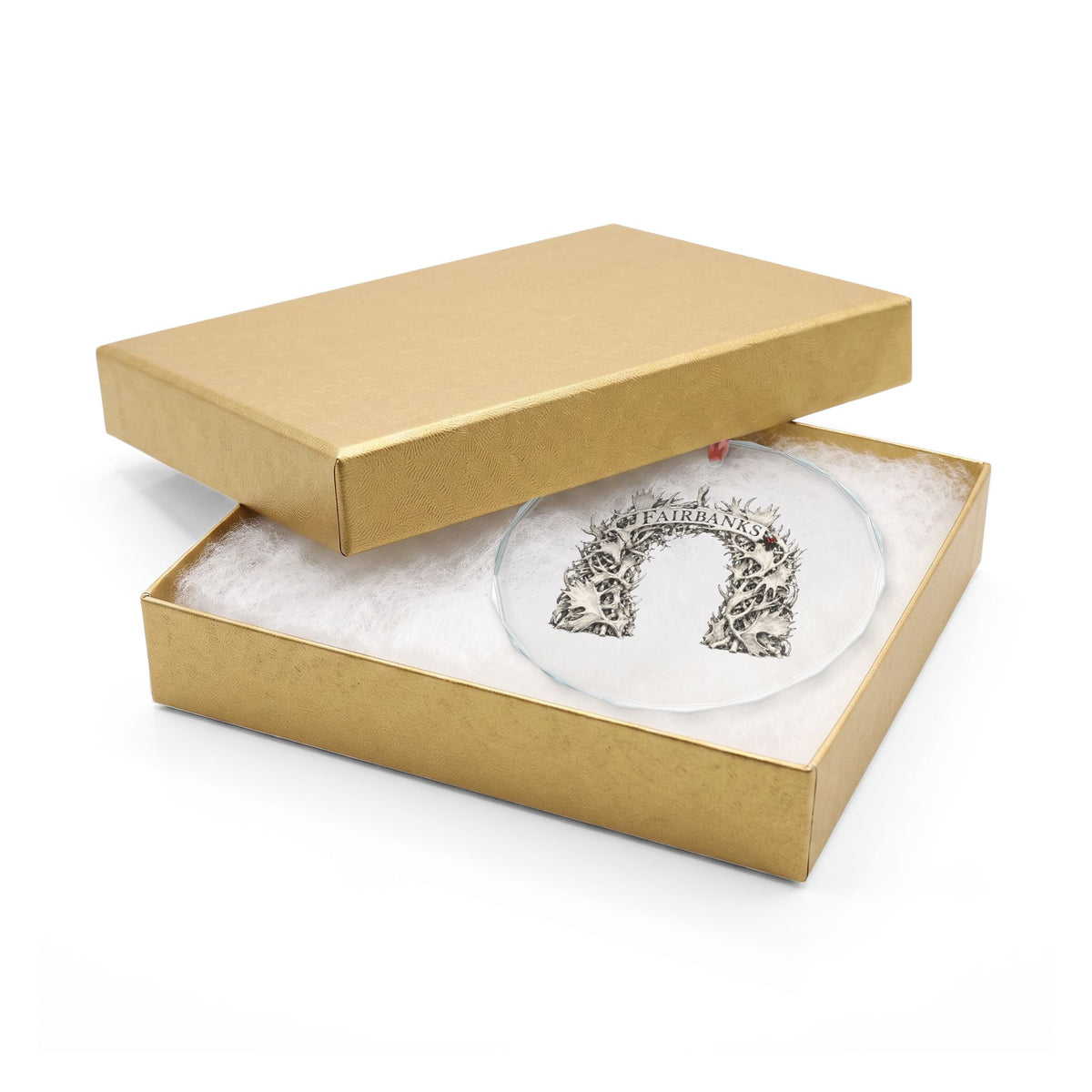 Fairbanks, Alaska Holiday Ornament — An Arch Woven From a Hundred Racks — crystal ornament hanging by red ribbon, faceted beveled edge