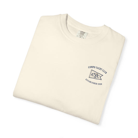Alternative view — front badge angle on the ivory Compo Yacht Club burgee tee