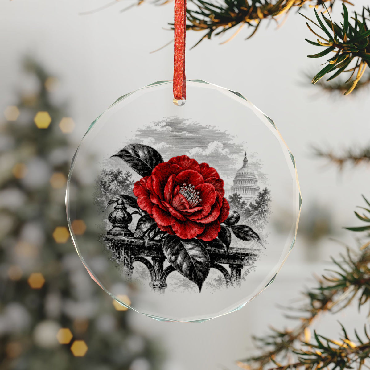 Sacramento California Holiday Ornament, Camellia, Crystal Glass Ornament Hanging on a Christmas Tree