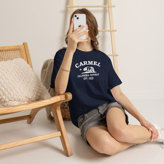Carmel California retro tee — classic white Carmel, California bear-and-star logo on Gildan heavy cotton — Coral Silk