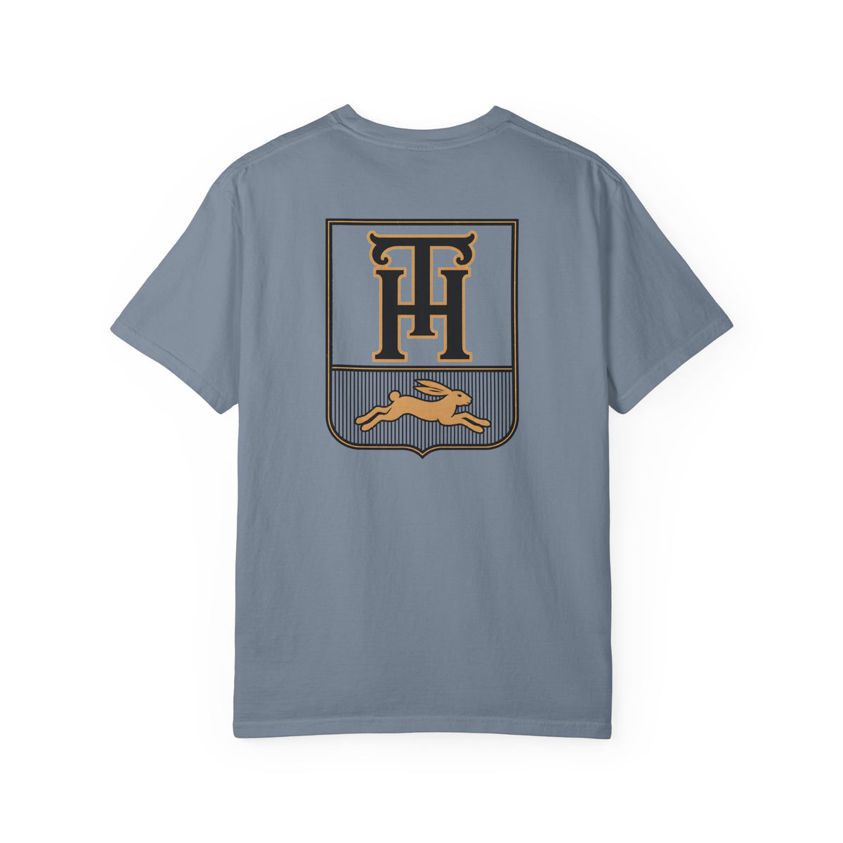 Blue Jean Team Haas Tee with TH Family Crest and Leaping Hare Seal, Comfort Colors 1717