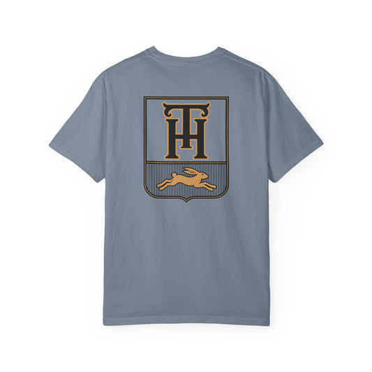 Blue Jean Team Haas Tee with TH Family Crest and Leaping Hare Seal, Comfort Colors 1717