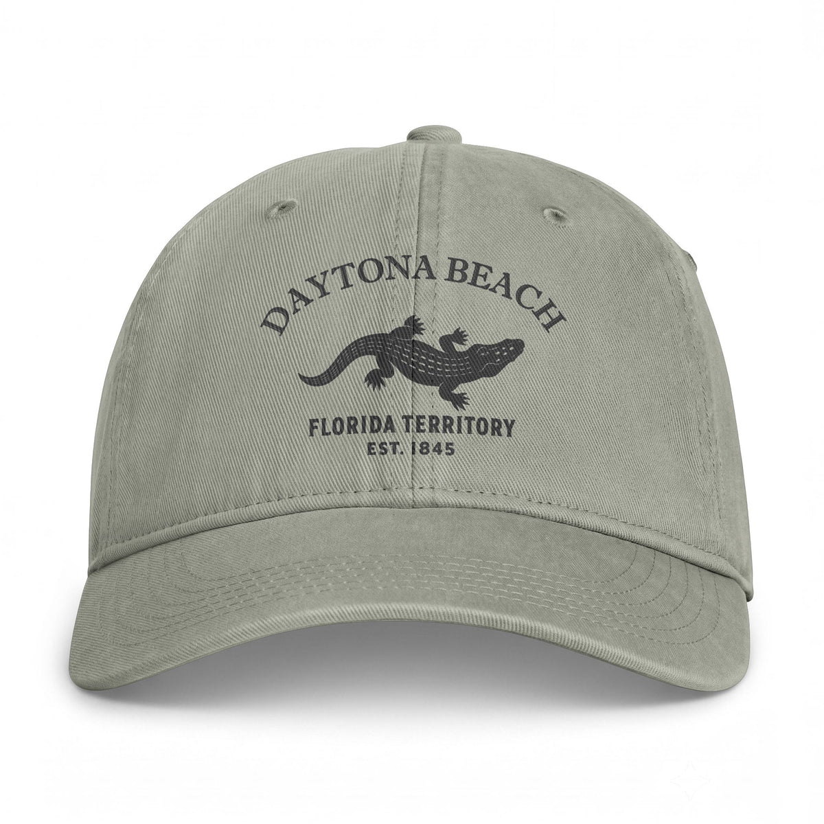 Daytona Beach Florida Retro Vintage Washed Cap in Sandstone, Charcoal Printed Town Logo