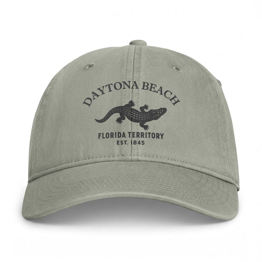 Daytona Beach Florida Retro Vintage Washed Cap in Sandstone, Charcoal Printed Town Logo