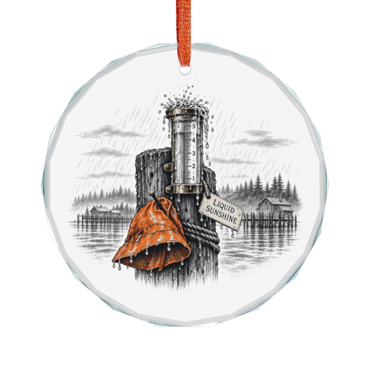 Ketchikan Alaska Holiday Ornament, Liquid Sunshine Rain Gauge, Crystal Glass Ornament Hanging on White