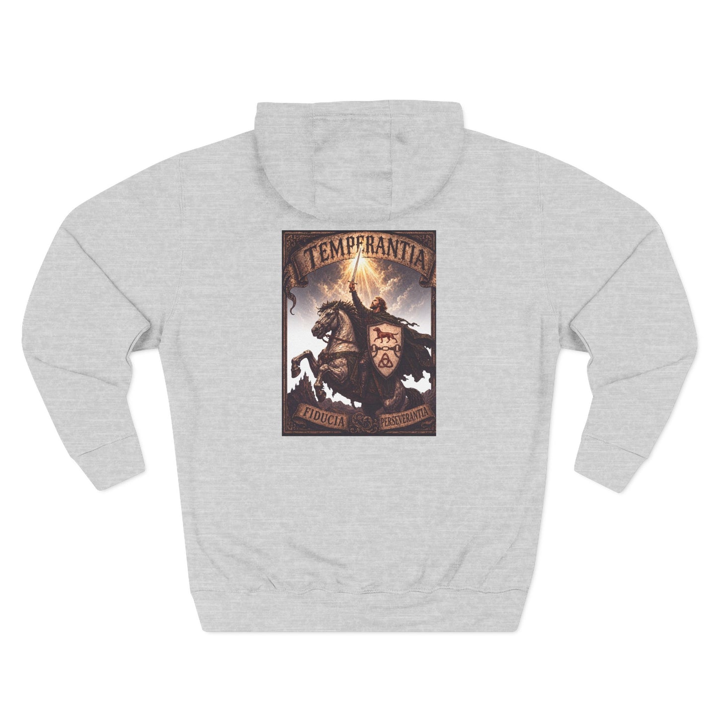 №108 Knight Crest Heavy Cotton Hoodie · Live Your Best Knight · Temperantia Fiducia Perseverantia