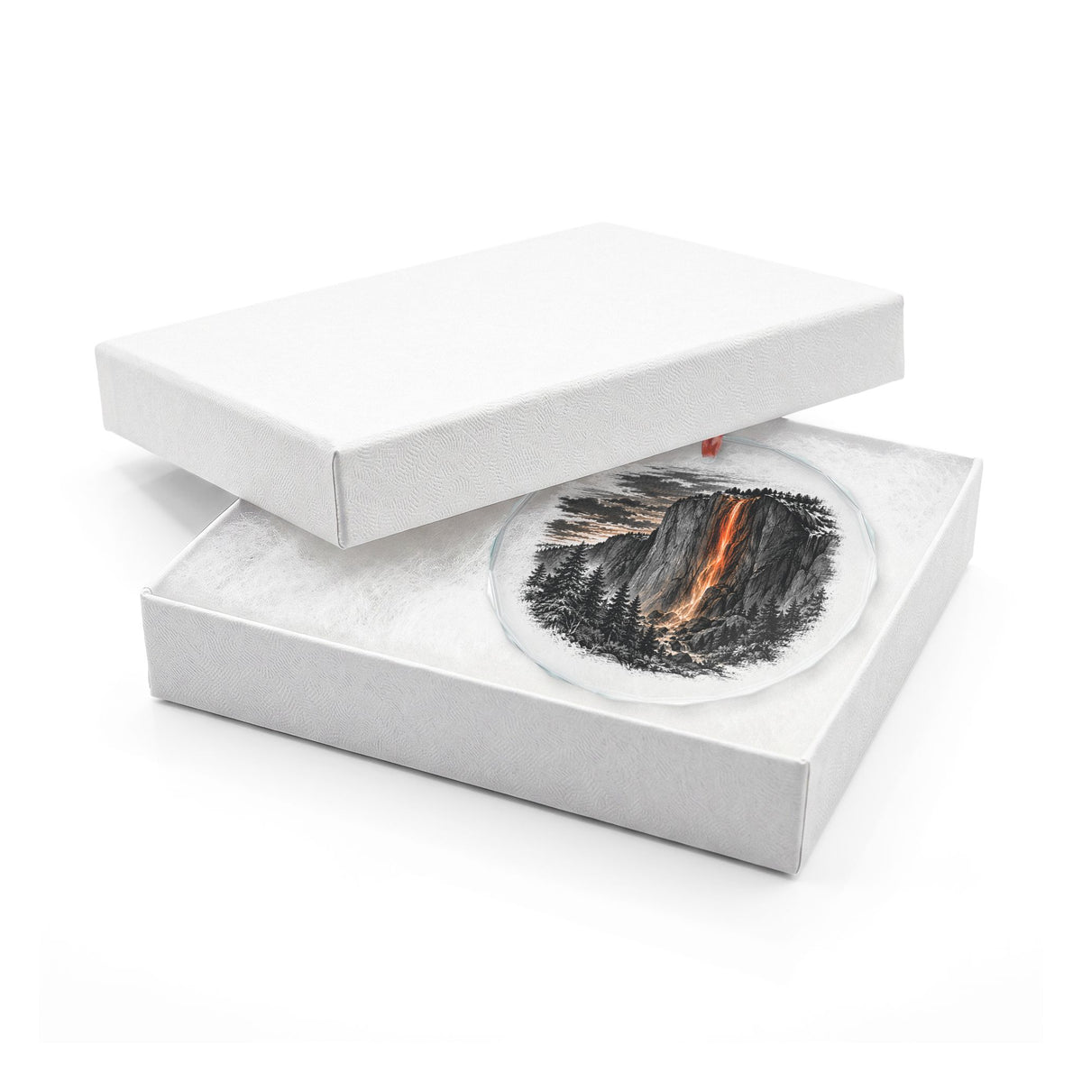 Yosemite California Holiday Ornament, Horsetail Firefall, Crystal Glass Ornament in White Gift Box