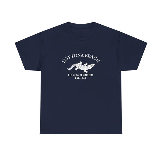 Daytona Beach Florida Vintage Style Unisex Heavy Cotton Tee - White Retro Alligator Logo, Navy