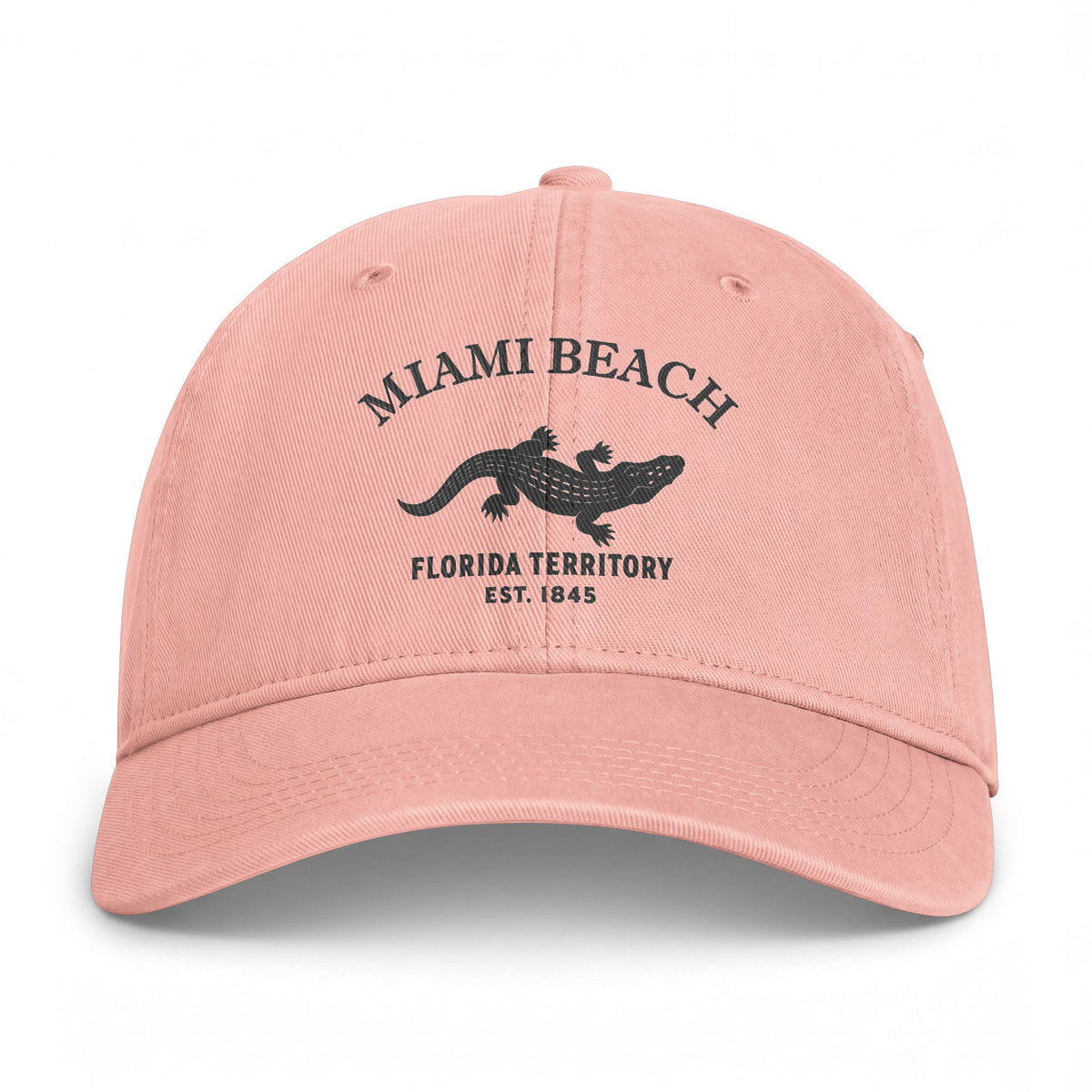 Miami Beach Florida Retro Vintage Washed Cap in Peachy, Charcoal Printed Town Logo