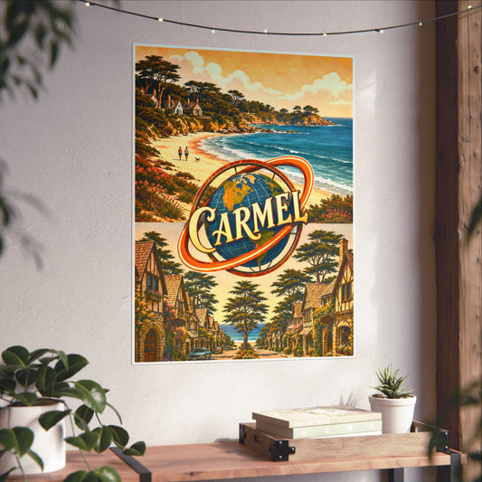 Carmel-by-the-Sea retro travel poster framed on a wall — 24x32 inch giclée print on matte fine art paper