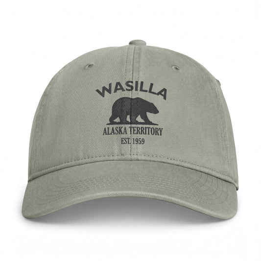 Wasilla Alaska Retro Vintage Washed Cap in Sandstone, Charcoal Printed Town Logo