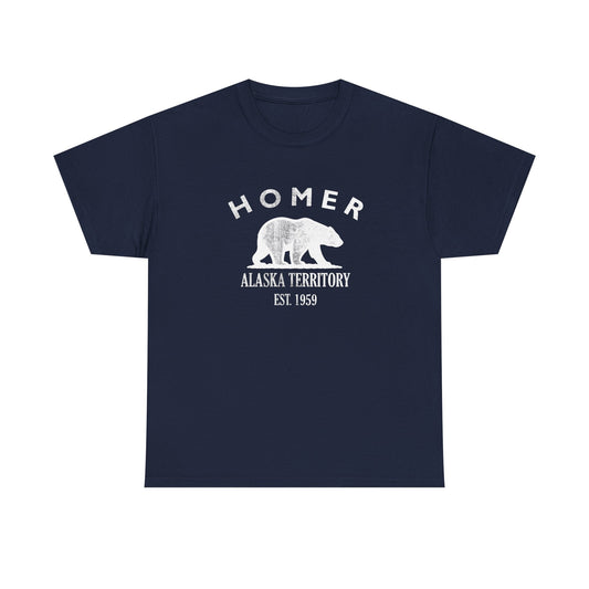 Homer Alaska Vintage Style Unisex Heavy Cotton Tee - White Retro Bear Logo, Navy
