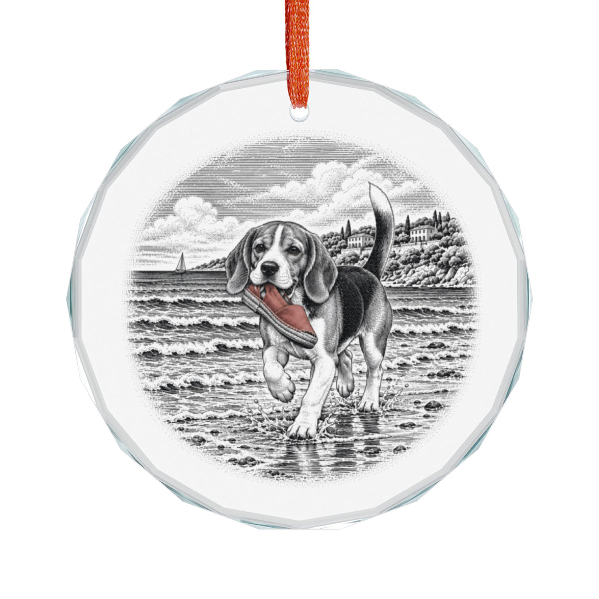 Beagle Crystal Christmas Ornament, Front View on White, Pen and Ink Beach Scene With Coastline and Sailboat, Faceted Edge