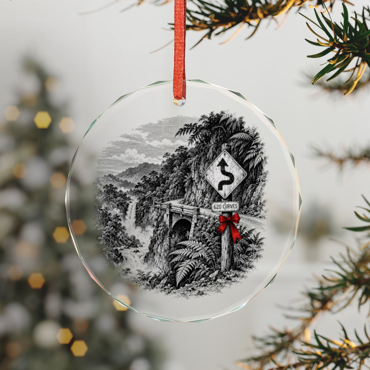 Hana Hawaii Holiday Ornament, Hairpin Turn Sign, Crystal Glass Ornament Hanging on a Christmas Tree