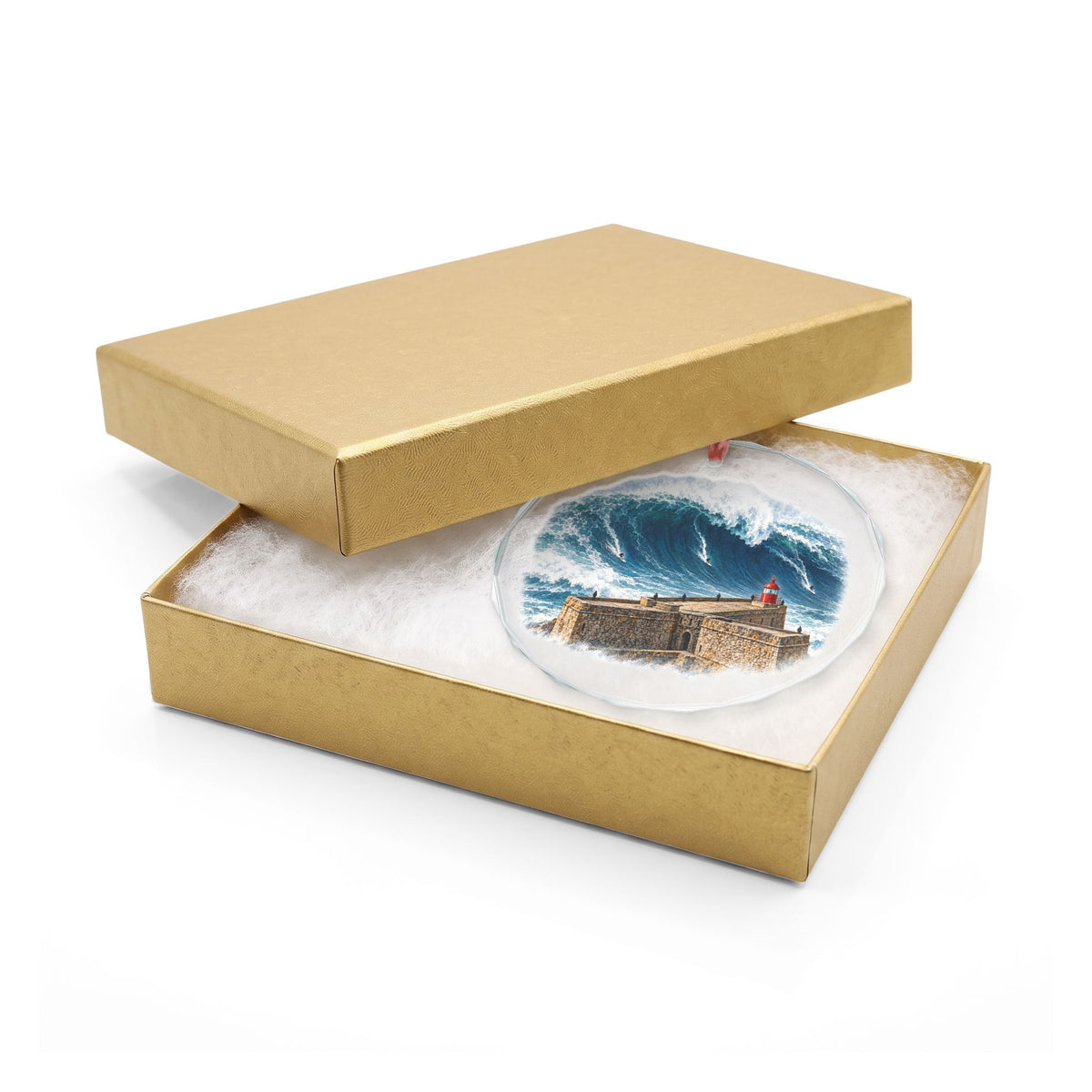 Nazaré Portugal Crystal Holiday Ornament in Gold Gift Box, Lighthouse and Giant Wave