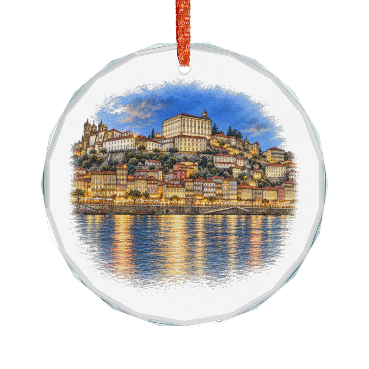 Porto Portugal Crystal Holiday Ornament Hanging on White, Ribeira Houses Lit Gold with River Reflections