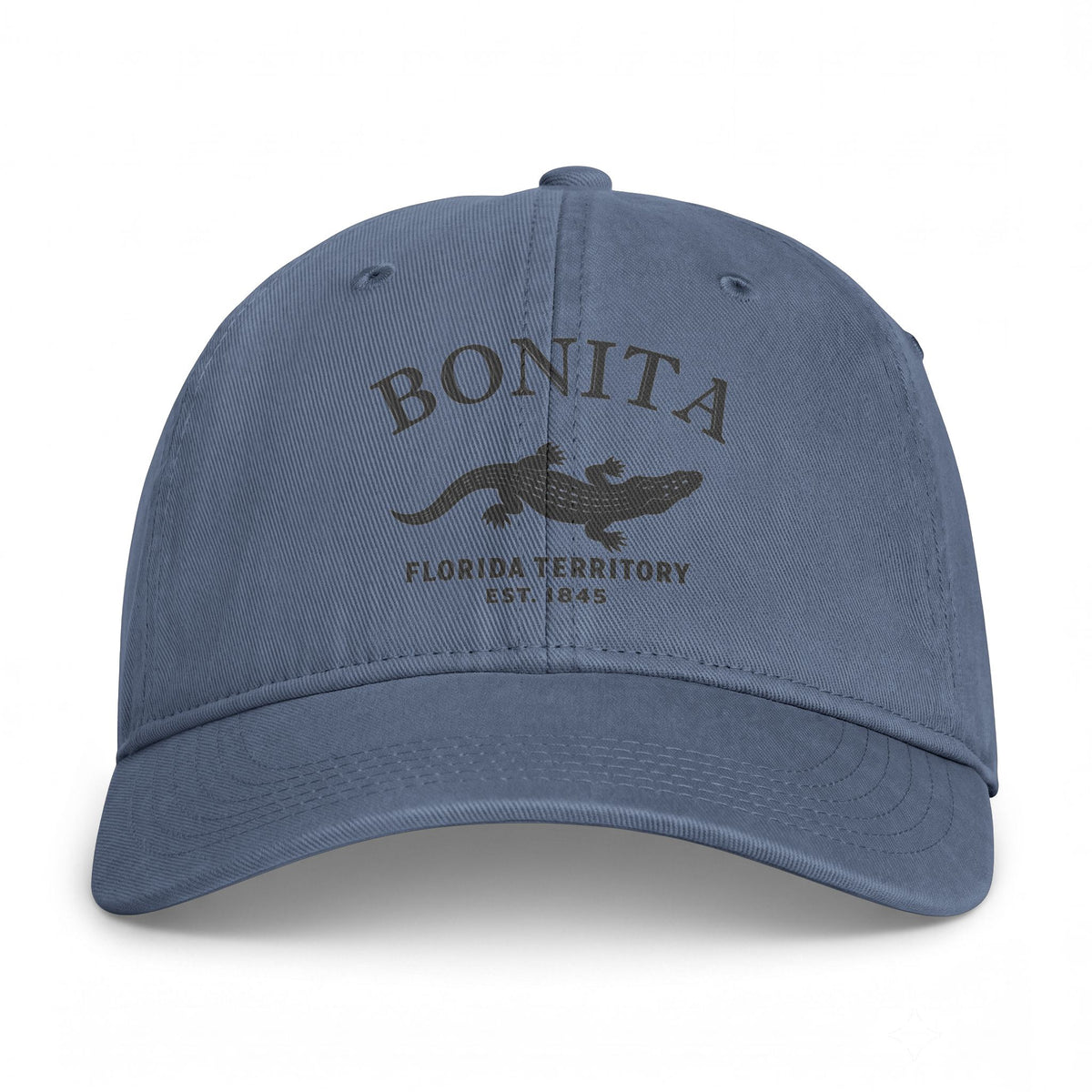 Bonita Springs Florida Retro Vintage Washed Cap in Blue Jean, Charcoal Printed Town Logo