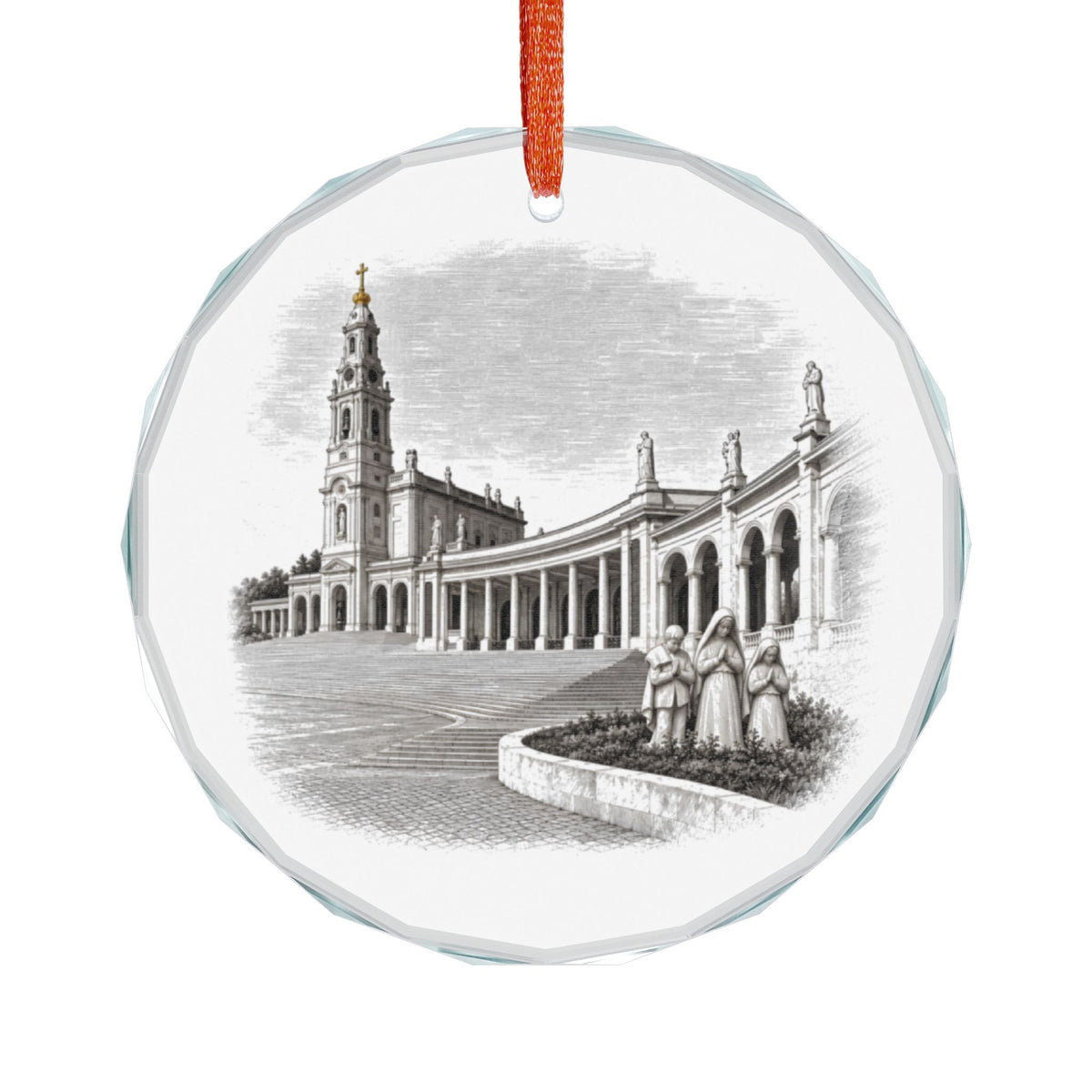 Fátima Portugal Crystal Holiday Ornament Hanging on White, Sanctuary Colonnade and Statue of the Shepherd Children
